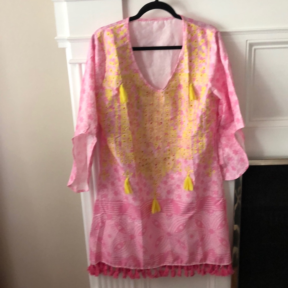 Pink ploy with yellow stamped print